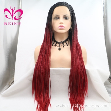 African American full box braided ombre  synthetic lace front wig 1b red box braid synthetic wig for black women